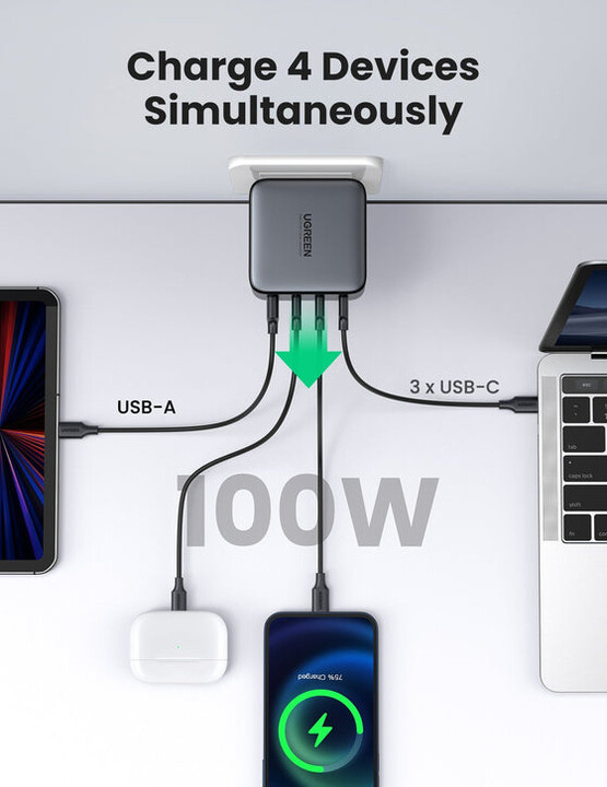 UGREEN síťová nabíječka GaN, 100W, 3x USB-C, USB-A, PD 3.0, QC 4+, černá_2088457748