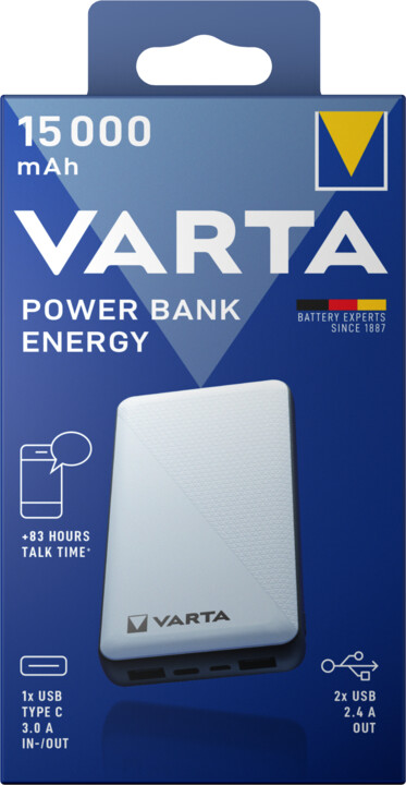 VARTA powerbanka Energy, 15000mAh, USB-C, 2xUSB, černá/bílá_935250354