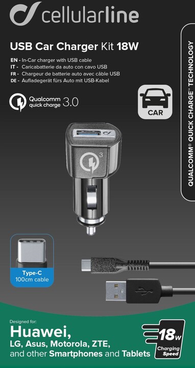 CellularLine nabíjecí set USB autonabíječky a USB-C kabelu Qualcomm® Quick Charge™ 3.0, 18W, černá_767157457