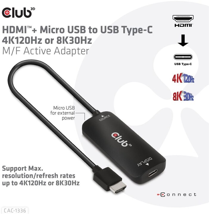 Club3D Adaptér HDMI + Micro USB na USB-C 4K120Hz/8K30Hz, Active Adapter M/F_1061053969