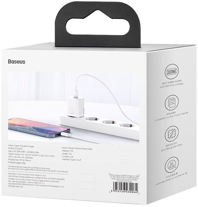 Baseus síťová nabíječka Super Si, USB-C, PD, 20W, bílá + kabel USB-C - Lightning, M/M, 1m_752936784