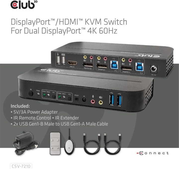 Club3D síťový přepínač - Switch, DP/HDMI KVM Switch - Dual DP 4K@60Hz_697800960