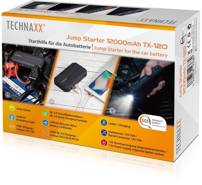 Technaxx Jump Starter, Powerbanka 3-v-1, 12000mAh, startér, nabíjení, světlo, černá (TX-120)_1141622542
