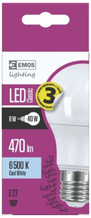 Emos LED žárovka Classic A60 6W E27, studená bílá_186429707