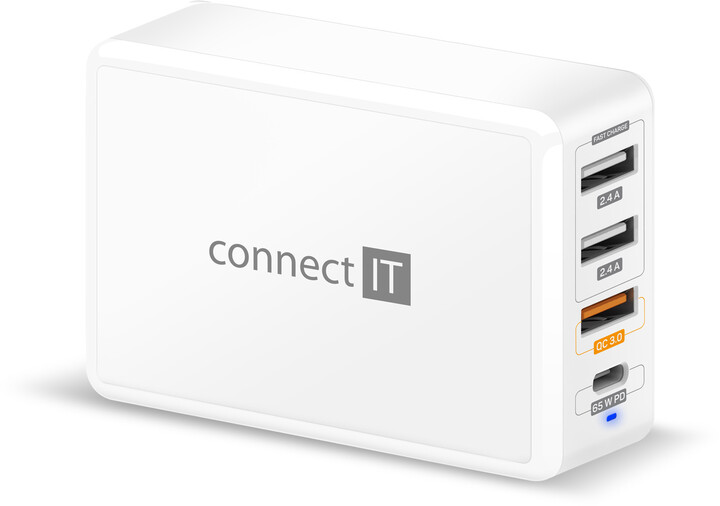 CONNECT IT nabíjecí adaptér, 1xUSB-C, 3xUSB, QC 3.0, PD, 65W, bílá_1054514303