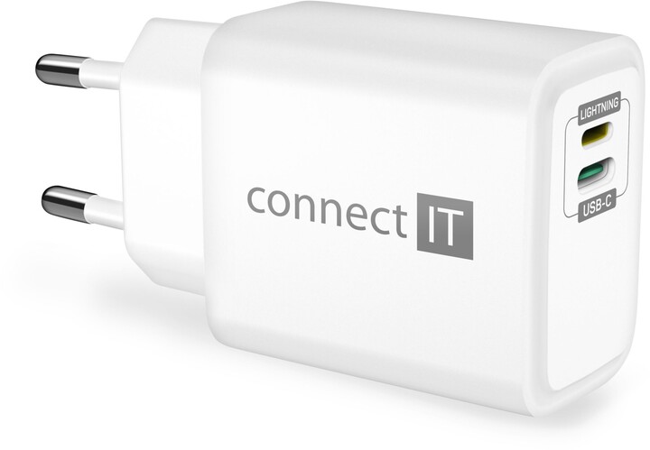 CONNECT IT síťový adaptér Duplex, USB-C, Lightning, PD 20W, bílá_2044893683