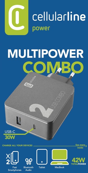 CELLULARLINE síťová nabíječka Multipower 2 Combo, USB-C, USB, PD, 42W, černá_660272810