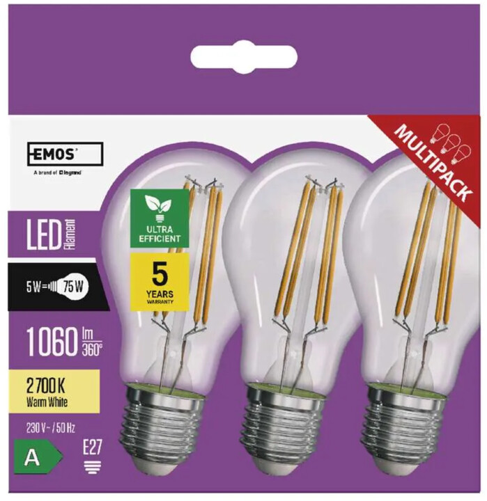 Emos LED žárovka Filament 5W (75W), 1060lm, E27, teplá bílá, 3ks_1322206542