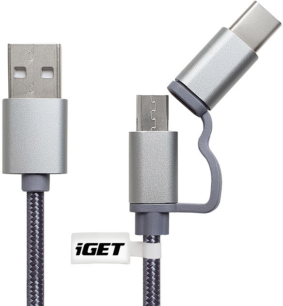 iGET G2V1 USB kabel 2v1, 1m, stříbrný, microUSB i USB-C, prodloužené koncovky_1532183997