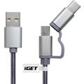 iGET G2V1 USB kabel 2v1, 1m, stříbrný, microUSB i USB-C, prodloužené koncovky_1532183997