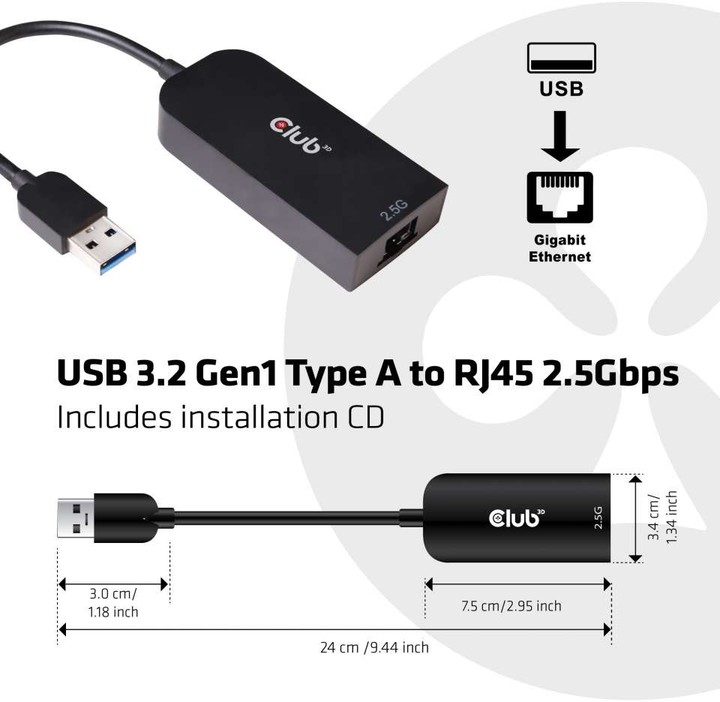 Club3D adaptér USB 3.2 Gen 1 Typ A na RJ45 2.5Gb, 24cm_2124468562