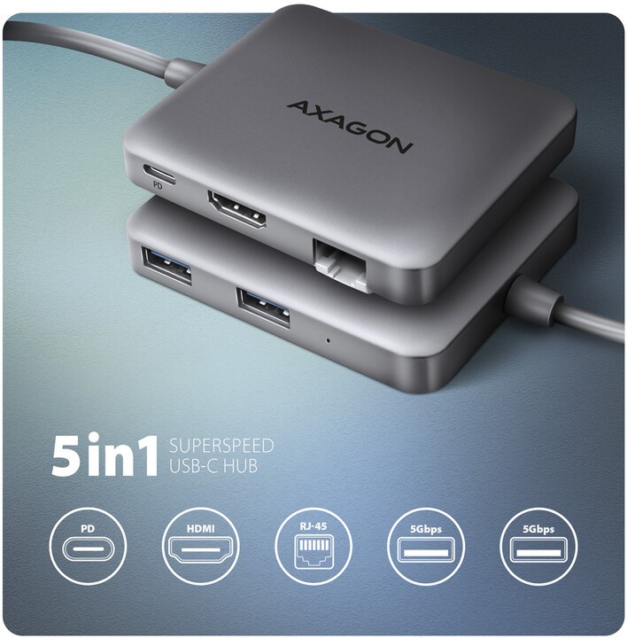 AXAGON multifunkční HUB 5v1 USB 3.2 Gen 1, 2x USB-A, HDMI, PD 100W, kabel USB-C 20cm_1445178301