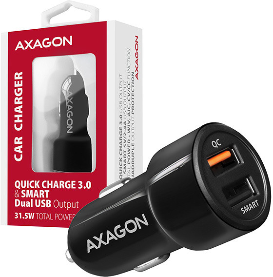 AXAGON QUICK a SMART nabíječka do auta, 2x port QC3.0/AFC/FCP + 5V-2.6A, 31.5W