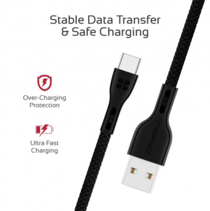Promate kabel PowerBeam-C USB-C - USB-A, opletený, 1.2m, černá_1841186377