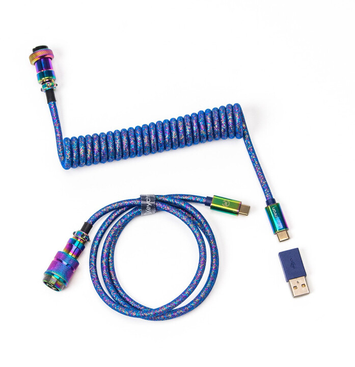 Keychron Premium Coiled Aviator Cable, USB-C/USB-A, 1,08m, modrý/duhový_2142877299