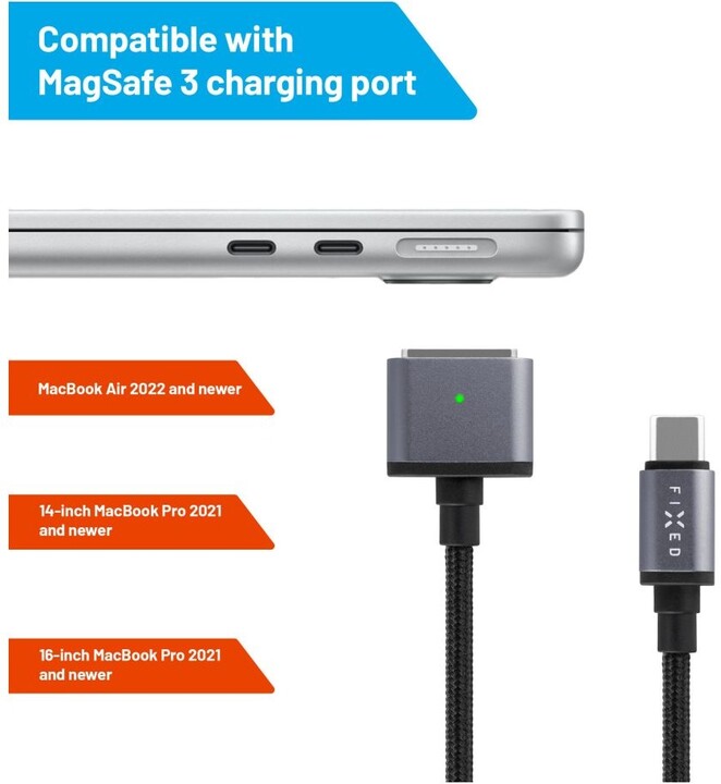 FIXED nabíjecí kabel USB-C - MagSafe 3, opletený, 2m, 140W, šedá_262213534