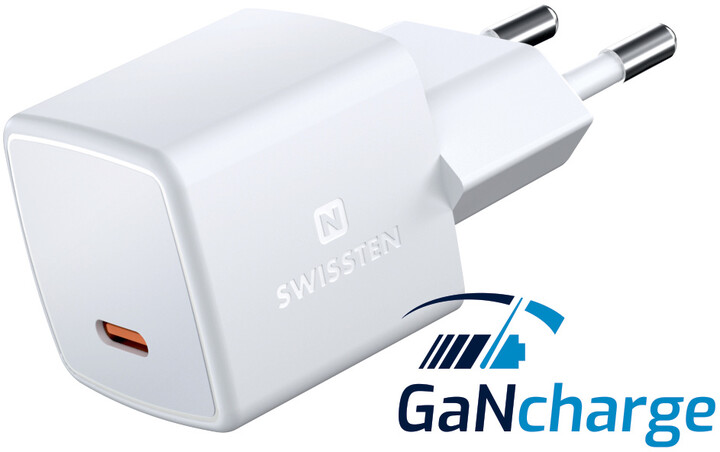 SWISSTEN síťová nabíječka mini, GaN, USB-C, PD, 25W, bílá