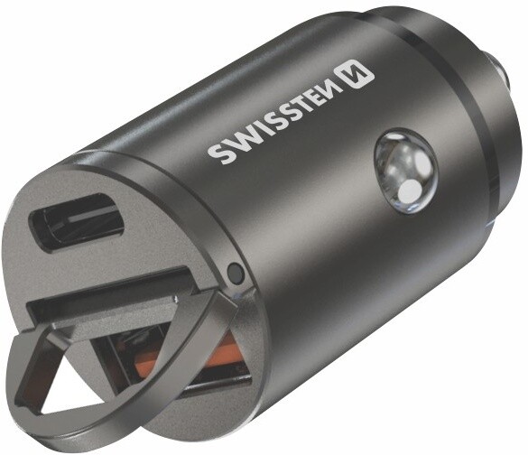 SWISSTEN nabíječka do auta, USB-C PD, USB-A SuperCharge, 30W, stříbrná_753342508
