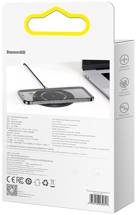 Baseus bezdrátová nabíječka Simple Magnetic, 15W, transparentní_1307777908