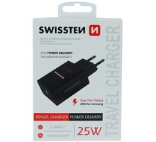 SWISSTEN síťový adaptér pro iPhone a Samsung, USB-C, PD,25W, černá 22060400