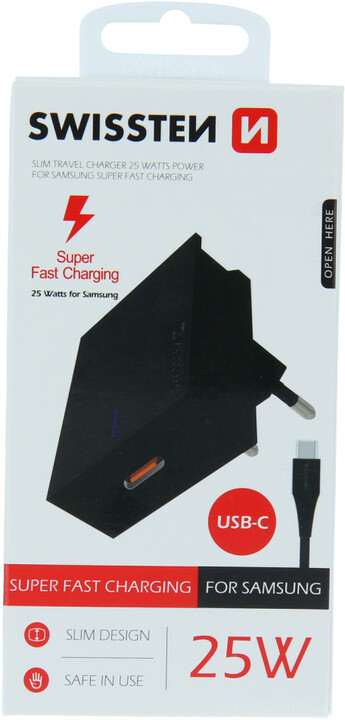 SWISSTEN síťový adaptér s technologií Super Fast Charging, 25W, černá + USB-C, M/M, 1.2m, černá_58176590