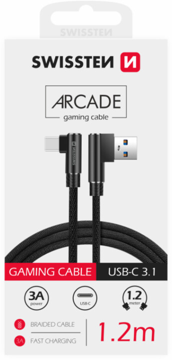 SWISSTEN datový kabel Arcade USB-A - USB-C, M/M, 3A, zahnutý konektor 90°, opletený, 1.2m, černá_1089255796