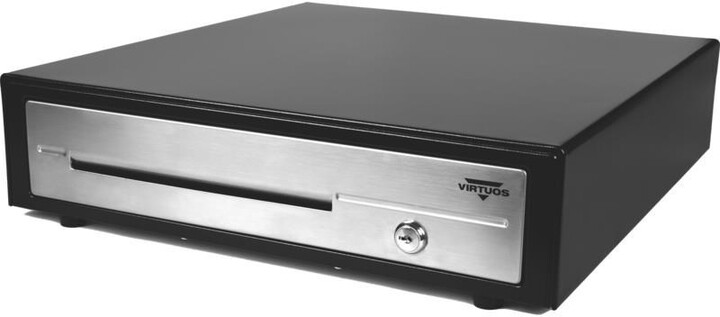 Virtuos pokladní zásuvka C430D - s kabelem, kovové držáky, nerez, 9-24V, černá_1779185705