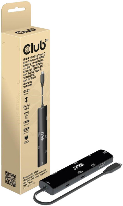 Club3D hub USB-C, 6-in-1 Hub s HDMI 8K60Hz/4K120Hz, 2xUSB-A, RJ45 a 2xUSB-C, 1xData, 1xPD 3.0_1046681796