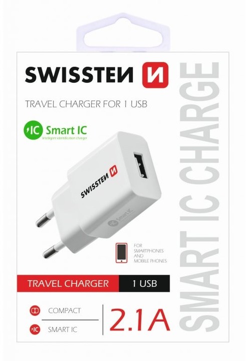 SWISSTEN travel charger smart IC with 1x USB 2,1A Power, bílá_673807435
