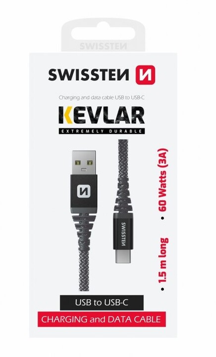 SWISSTEN odolný datový kabel USB-A - USB-C, 60W, kevlarový, 1.5m, černá_1151291492
