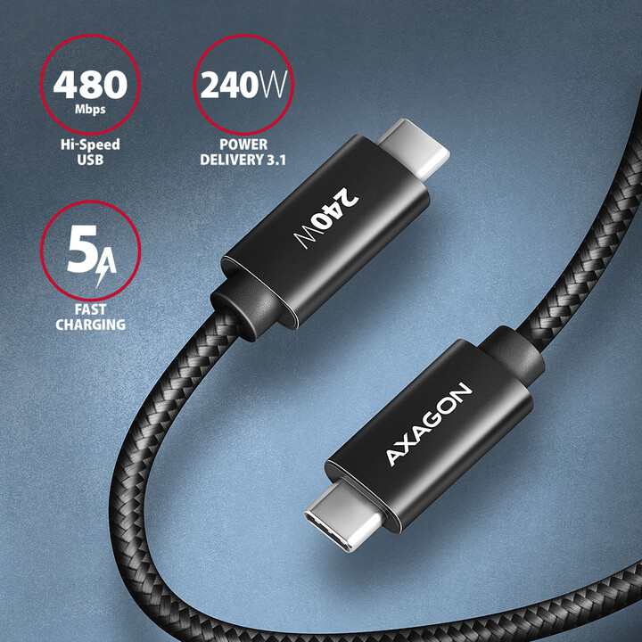 AXAGON kabel USB-C - USB-C, 240W 5A, ALU, opletený, 2m, černá_1641656870
