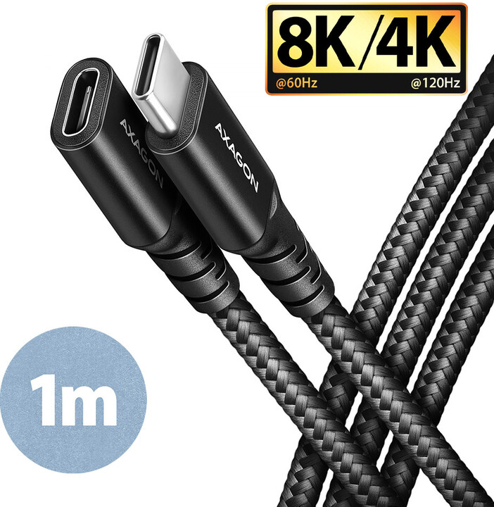 AXAGON kabel prodlužovací USB-C(M) - USB-C(F), USB 20Gbps, PD 240W 5A, 8K HD, ALU, oplet, 1m, černá_565402553