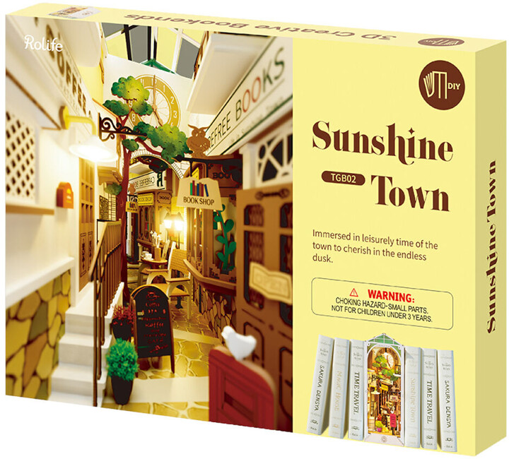 Stavebnice RoboTime miniatura domečku Slunečné městečko, zarážka na knihy, dřevěná, LED_2131378154
