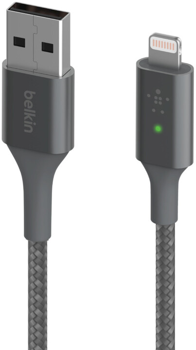 Belkin kabel USB-A - Lightning, M/M, MFi, Smart LED, opletený, 1.2m, stříbrná_494734757