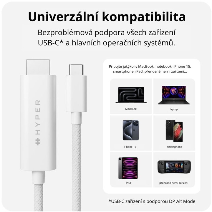 Hyper® kabel USB-C - HDMI, 4K, 2.5m, bílá_2014513014