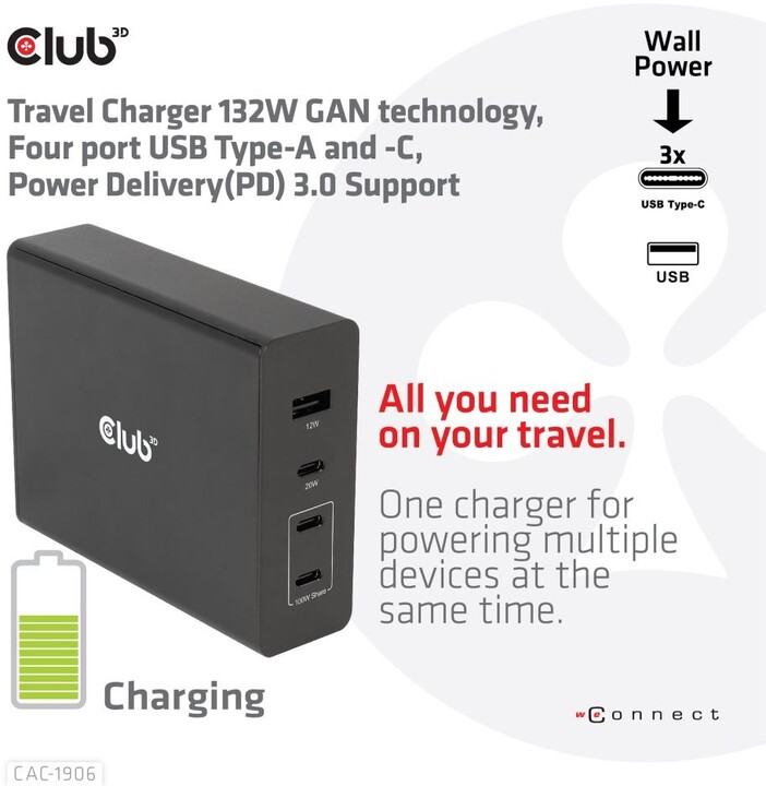 Club3D síťová nabíječka, GAN technologie, 4xUSB-A a USB-C, PD 3.0 Support, 132W , černá_2223149