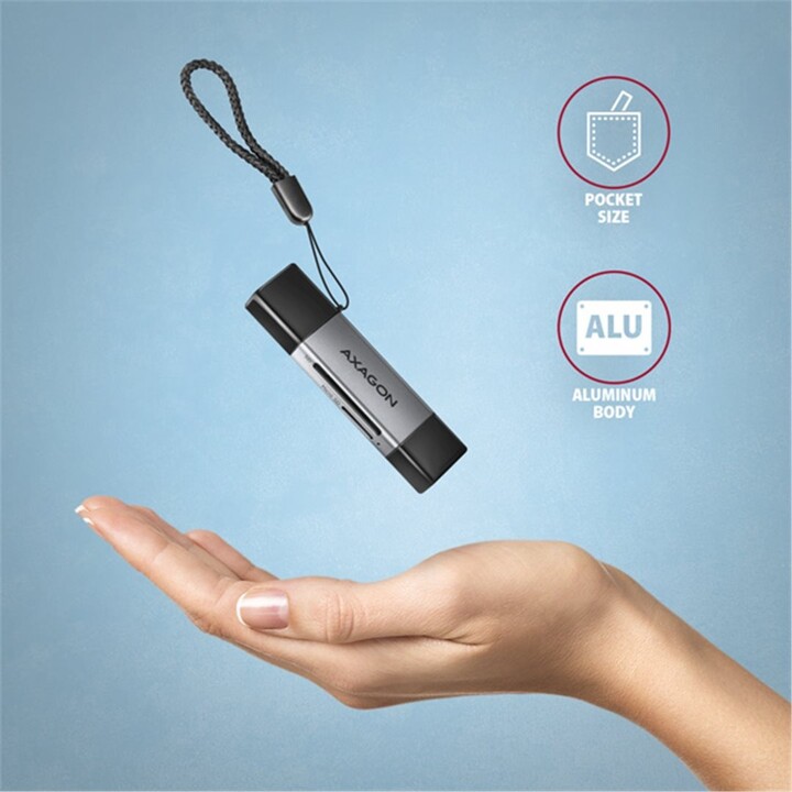 AXAGON CRE-DAC, USB-C + USB-A, 5 Gbps - mini čtečka karet, 2-slot &amp; lun SD/microSD, podpora UHS-I_1501757346