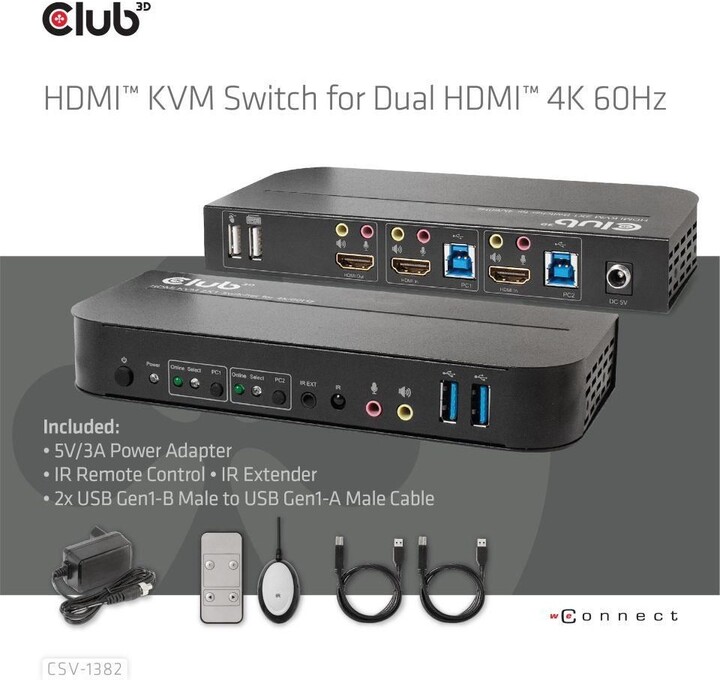 Club3D síťový přepínač - Switch, HDMI KVM Switch - Dual HDMI 4K@60Hz_367569398