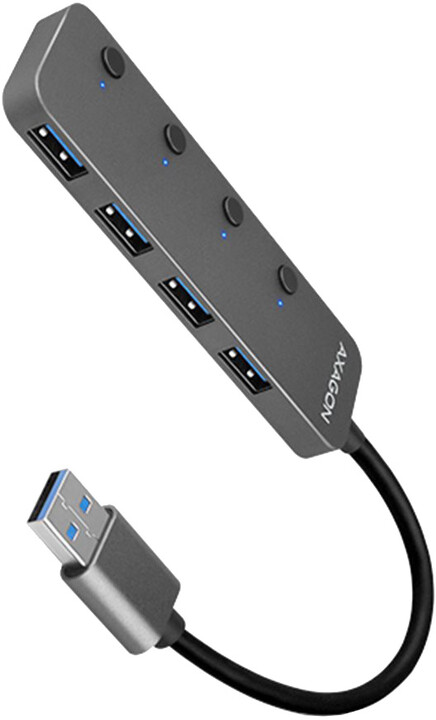 AXAGON switch hub USB-A 3.2 Gen1 - 4xUSB-A, 5Gbit/s, přepínací, 20cm, šedá_1875940250