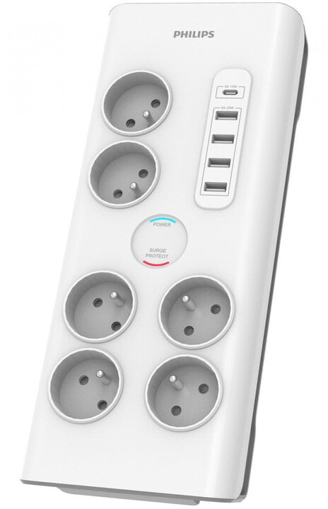 Philips přepěťová ochrana, 6x zásuvka, 1x USB-C, 4x USB-A, 2m, šedá_1366440260