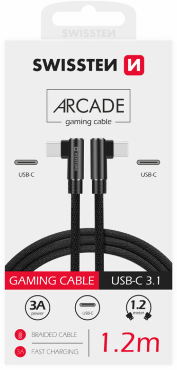 SWISSTEN datový kabel Arcade USB-C, M/M, 3A, zahnutý konektor 90°, opletený, 1.2m, černá_599494991