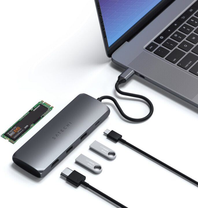 Satechi Aluminium USB-C Hybrid Multiport adapter, SSD Enclosure, HDMI 4K, 2 x USB-A 3.1 Gen 2, šedá_1550754091