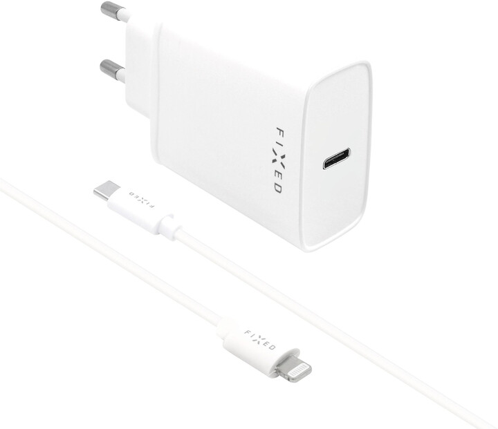 FIXED síťová nabíječka USB-C, PD, 20W, bílá + USB-C - Lightning kabel, MFI, 1m, bílá_835982569
