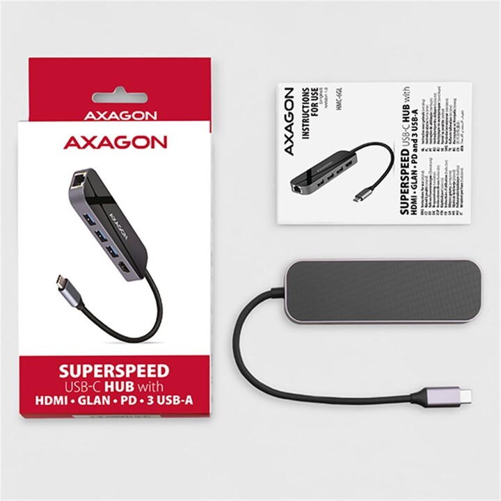 AXAGON multifunkční HUB 6v1 USB 3.2 Gen 1, 3x USB-A, HDMI, RJ-45 GLAN, PD 100W, kabel USB-C 20cm_1938602593