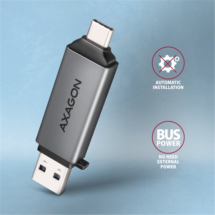 AXAGON CRE-DAC, USB-C + USB-A, 5 Gbps - mini čtečka karet, 2-slot &amp; lun SD/microSD, podpora UHS-I_413348206