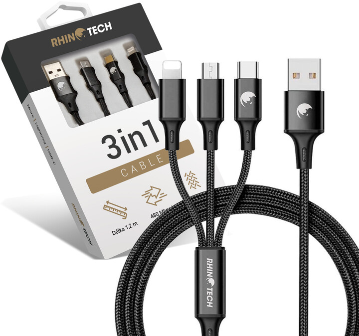 RhinoTech nabíjecí a datový kabel 3v1 USB-A - MicroUSB + Lightning + USB-C, 1.2m, černá_643856409
