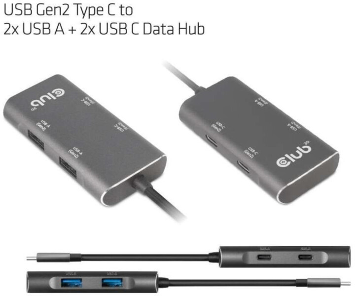 Club3D USB Data Hub USB-C Gen2 na 2x USB-A + 2x USB-C, aktivní, černá