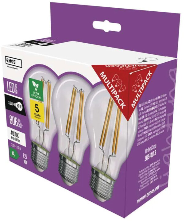 Emos LED žárovka Filament 3.8W (60W), 806lm, E27, neutrální bílá, 3ks_31797942