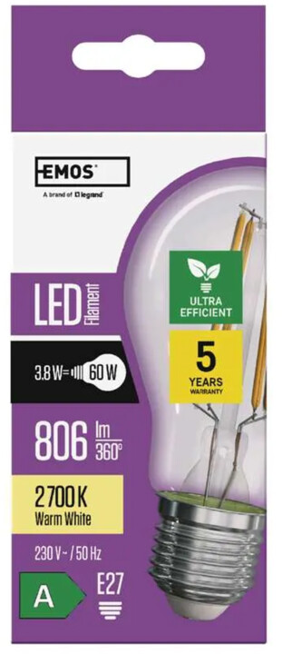 Emos LED žárovka Filament 3,8W (60W), 806lm, E27, teplá bílá_49483928