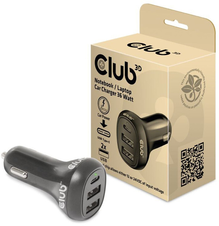 Club3D autonabíječka pro notebooky 36W, 2xUSB-A, USB-C_980200045